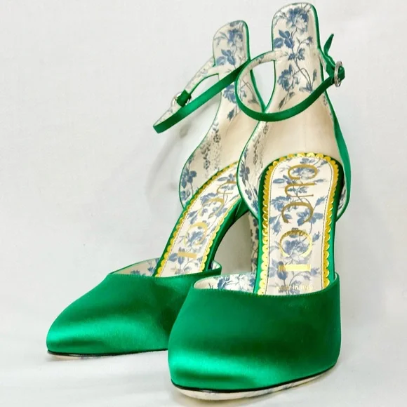 Gucci Emerald Green Satin Ankle Strap D’Orsay Heels Women’s 9.5 With Box